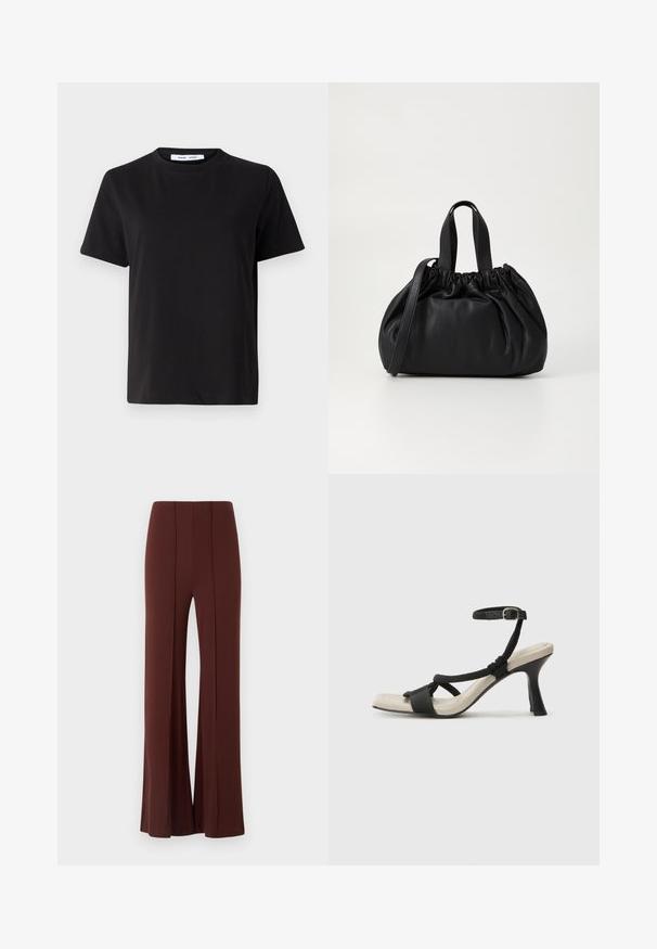 Black short-sleeve t-shirt made of soft cotton, featuring a round neckline, relaxed fit, and a smooth texture. No visible patterns or graphics.; Brown wide-leg trousers with a high waist, made of a smooth fabric featuring vertical seams at the front and a clean finished hem.; Black heeled sandal with braided strap design, square toe, and adjustable ankle strap. Light beige footbed with a glossy black heel.; Black leather handbag with a gathered top design, featuring two short handles and a long adjustable strap. Smooth texture, rounded shape.