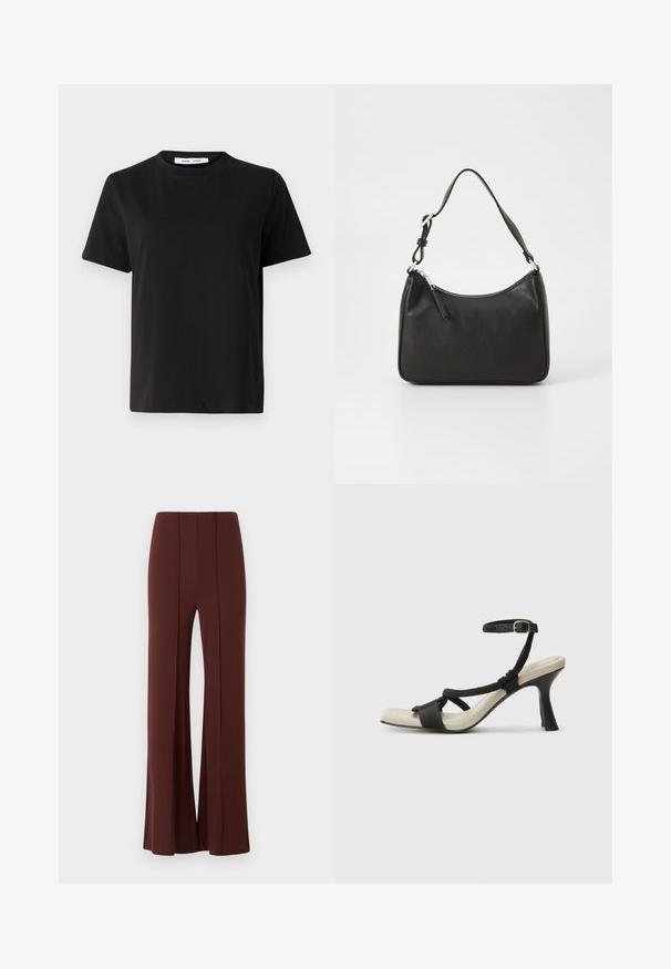 Crna kratka majica s kratkim rukavima od mekanog pamuka, s okruglim izrezom, opuštenim krojem i glatkom teksturom. Nema vidljivih uzoraka ili grafike.; Smeđe hlače širokih nogavica s visokim strukom, izrađene od glatke tkanine s vertikalnim šavovima sprijeda i uredno dovršenim rubom.; Crne sandale na visokom potpetici s dizajnom pletenih trakica, kvadratnim vrhom i podešivom trakicom oko gležnja. Svijetlosmeđi ulošci s sjajnim crnim potpeticama.; Crna kožna torba s zakrivljenim oblikom, jednim remenom, zatvaranjem na patentni zatvarač i suptilnim brendiranjem sprijeda. Glatka tekstura, minimalistički dizajn.