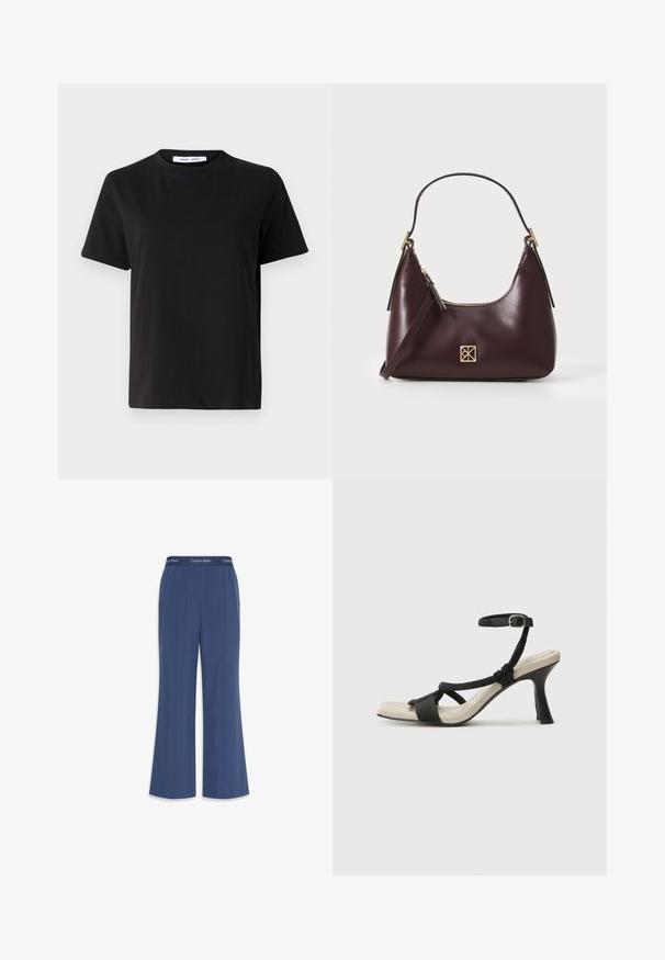 Crna kratka majica s kratkim rukavima od mekanog pamuka, s okruglim izrezom, opuštenim krojem i glatkom teksturom. Nema vidljivih uzoraka ili grafike.; Morske široke hlače od mekanog materijala sa glatkom teksturom. Imaju elastičnu tregersku traku s logotipom "Calvin Klein" duž vrha.; Crne sandale na visokom potpetici s dizajnom pletenih trakica, kvadratnim vrhom i podešivom trakicom oko gležnja. Svijetlosmeđi ulošci s sjajnim crnim potpeticama.; Bordo kožna torba s zakrivljenim oblikom, zlatni akcenti na hardveru i zatvorena na patentni zatvarač. Ima odvojivi rameni pojas.
