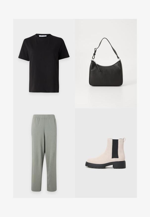 T-shirt preto de manga curta feito de algodão suave, com decote redondo, ajuste descontraído e uma textura suave. Sem padrões ou gráficos visíveis.; Calças elásticas cinza claro com pernas retas, feitas de material suave, com uma textura lisa e sem padrões ou detalhes visíveis.; Bota Chelsea em camurça bege com painel elástico preto, sola grossa preta e puxador no tornozelo.; Mala de mão em couro preto com formato curvo, uma alça, fecho em zip e uma marcação discreta na frente. Textura suave, design minimalista.