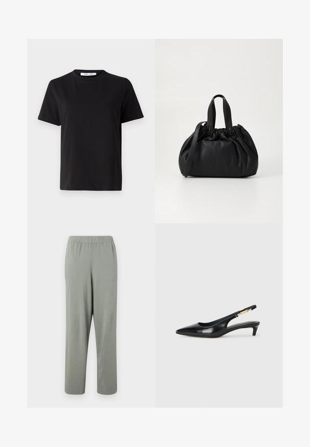 T-shirt preto de manga curta feito de algodão suave, com decote redondo, ajuste descontraído e uma textura suave. Sem padrões ou gráficos visíveis.; Calças elásticas cinza claro com pernas retas, feitas de material suave, com uma textura lisa e sem padrões ou detalhes visíveis.; Saltos slingback em couro preto com bico fino, apresentando um salto esguio e um detalhe em tom dourado na alça ajustável. Textura suave.; Bolsa de couro preta com um design de topo franzido, apresentando duas alças curtas e uma alça longa ajustável. Textura suave, formato arredondado.