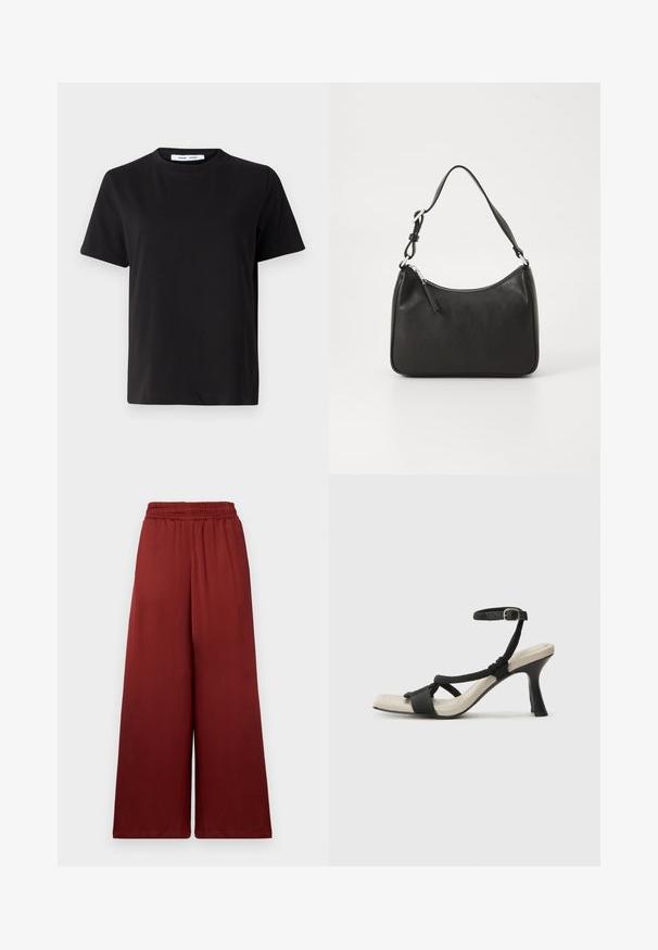 Melna īsām piedurknēm T-kreklu, kas izgatavots no mīksta kokvilnas, ar apļveida kakla izgriezumu, brīvu piegriezumu un gludu tekstūru. Nav redzamu rakstu vai grafikas.; Platas kājas bikses, kas izgatavotas no gludas auduma dziļi bordo krāsā, ar elastīgu jostasvietu komfortam un plūstošu piegulšanu.; Melnas augstpapēžu sānijas ar pinuma siksnu dizainu, kvadrātveida purngali un regulējamu potītes siksnu. Gaismas beidzamais kāju paklājiņš ar spīdīgu melnu papēdi.; Melnas ādas rokassomu ar izliekta formu, vienu siksnu, ar rāvējslēdzēju aizdari un diskrētu zīmolu uz priekšpuses. Gluda tekstūra, minimālisma dizains.