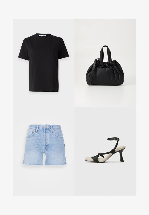 Fekete, rövid ujjú póló, puha pamutból készült, kerek nyakkivágással, laza szabással és sima textúrával. Nincs látható minta vagy grafikák.; Világoskék farmer rövidnadrág, rojtos szegéllyel. Klasszikus öt zsebes dizájnnal, gombos záródással és enyhe kopással az anyagon.; Fekete sarkú szandál fonott pánttal, négyzet alakú orral és állítható bokapánttal. Világos bézs talpbetét fényes fekete sarkával.; Fekete bőr kézitáska, összegyűrt felső dizájnnal, két rövid fülekkel és egy hosszú, állítható pánttal. Simább textúra, lekerekített forma.