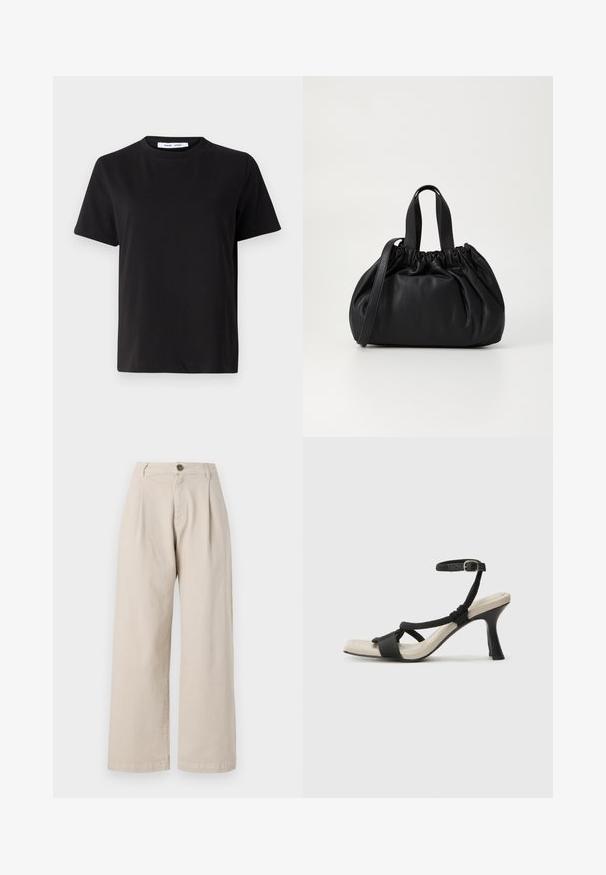 T-shirt preto de manga curta feito de algodão suave, com decote redondo, ajuste descontraído e uma textura suave. Sem padrões ou gráficos visíveis.; Calças largas bejes com uma cintura alta, pregas frontais, fecho de botão único e uma textura de tecido suave.; Sandal com salto alto preto e design de tiras trançadas, bico quadrado e tira de tornozelo ajustável. Sola em tom bege claro com um salto preto brilhante.; Bolsa de couro preta com um design de topo franzido, apresentando duas alças curtas e uma alça longa ajustável. Textura suave, formato arredondado.
