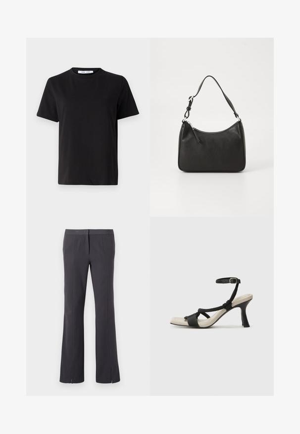 Črna majica s kratkimi rokavi iz mehkega bombaža, ki ima okroglo izrezovanje, udoben kroj in gladko teksturo. Brez vidnih vzorcev ali grafike.; Sive dolge hlače z ravnim krojem, s ploskim sprednjim delom in stranskimi razporki na robu za gibljivost in stil. Narejene iz gladkega materiala.; Črne sandale na visoki peti z prepletenim trakom, kvadratnim nosom in nastavljivim gležnjenjem. Svetlo bež podplat z sijajno črno peto.; Črna usnjena torba za roke s ukrivljenim oblikom, enim trakom, zadrgo in diskretnim blagovnim znamkom na sprednjem delu. Gladka tekstura, minimalističen dizajn.