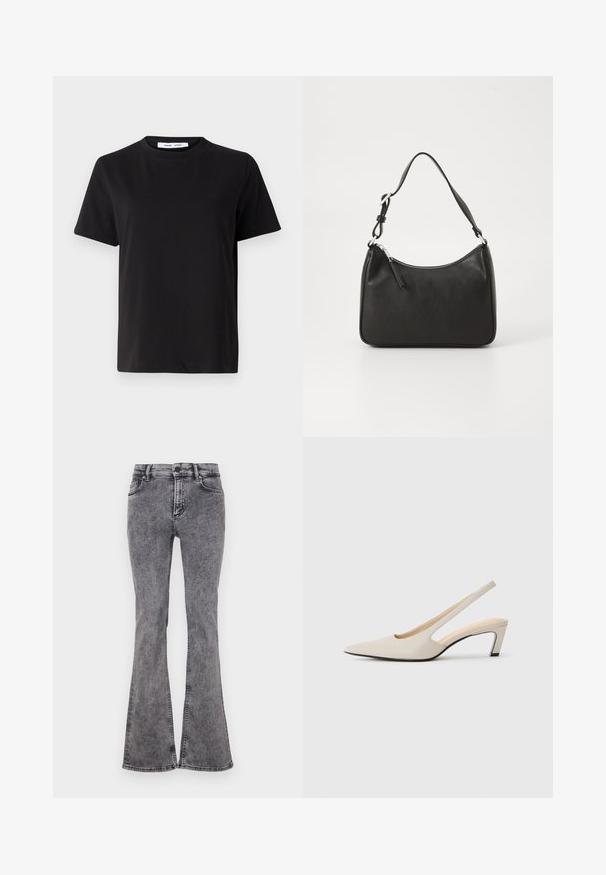 Črna majica s kratkimi rokavi iz mehkega bombaža, ki ima okroglo izrezovanje, udoben kroj in gladko teksturo. Brez vidnih vzorcev ali grafike.; Razširjeni črni kavbojke iz denima z zbledelim pranjem, s petimi žepi, zadrgo in kontrastnim šivom ob šivih.; Bež usnjene čevlje s koničastim nosom in odprtim petnim delom, ki se ponašajo z izrezljanim oblikovanjem, 5 cm blok peto in gladko teksturo. Črni podplat akcenti.; Črna usnjena torba za roke s ukrivljenim oblikom, enim trakom, zadrgo in diskretnim blagovnim znamkom na sprednjem delu. Gladka tekstura, minimalističen dizajn.