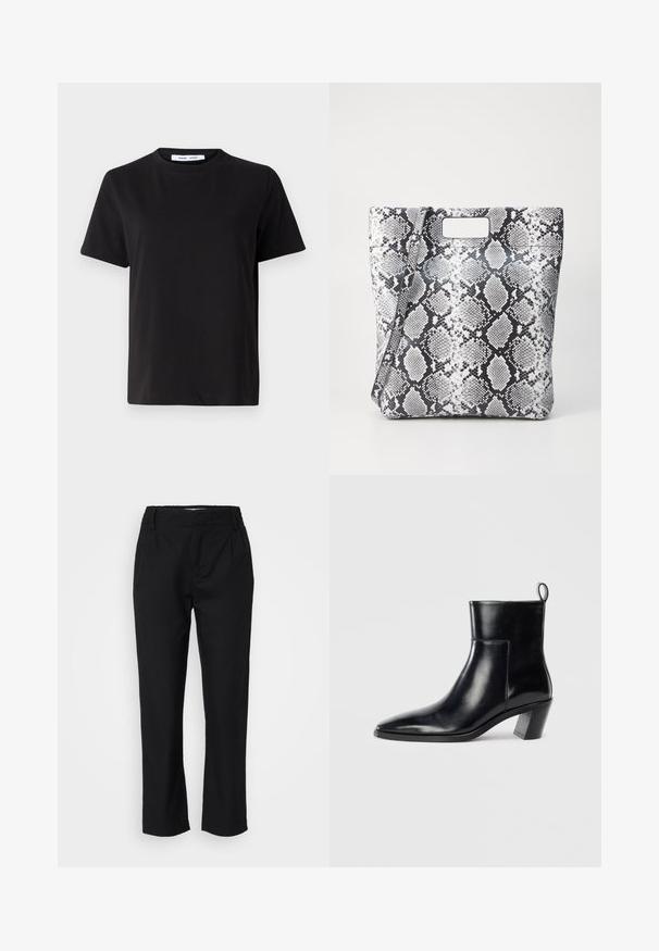 Svart kortermet t-skjorte laget av myk bomull, med rund hals, avslappet passform og en jevn tekstur. Ingen synlige mønstre eller grafikk.; Sorte bukser i et glat stof, med lige ben, frontfolder og elastisk talje for komfort. Ingen synlig hardware.; Sorte skinn ankle boots med spiss tå, geometrisk stablet hæl og en drasnor bak. Glatt tekstur og elegant design.; Tote bag med slangeskinnsmønster i svart og hvitt, med rektangulært utskjært håndtak, glatt tekstur og strukturert form. Justerbar stropp inkludert.