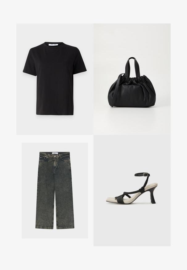 Zwart T-shirt met korte mouwen, gemaakt van zachte katoen, met een ronde hals, een ontspannen pasvorm en een gladde textuur. Geen zichtbare patronen of opdrukken.; Wijde jeans van donkergrijze denim met een gestructureerde afwerking, voorzien van een knoopsluiting, riemlussen en voorzakken.; Zwarte hoge hak sandaal met een gevlochten bandontwerp, vierkante teen en verstelbare enkelband. Lichtbeige voetbed met een glanzende zwarte hak.; Zwarte leren handtas met een geplooid ontwerp aan de bovenkant, voorzien van twee korte handvatten en een lange verstelbare schouderband. Gladde textuur, ronde vorm.