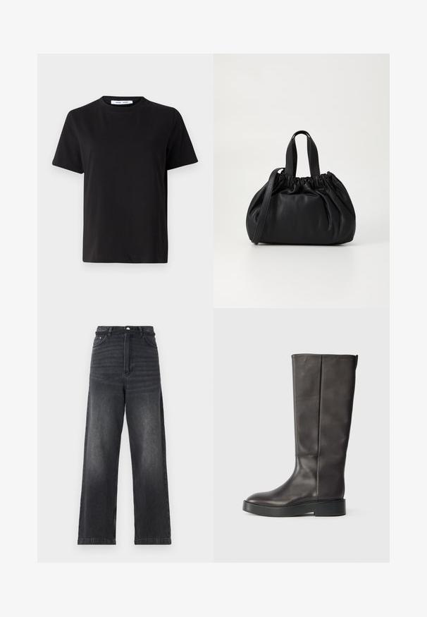 Fekete, rövid ujjú póló, puha pamutból készült, kerek nyakkivágással, laza szabással és sima textúrával. Nincs látható minta vagy grafikák.; Fekete farmer széles lábú nadrág magas derekú, gombos záródással, öt zsebbel és finom elhalványulásokkal a lábak mentén.; Fekete, térd felett érő bőr csizma vastag talppal és diszkrét Calvin Klein logóval a felső széle közelében, oldalnézetből bemutatva.; Fekete bőr kézitáska, összegyűrt felső dizájnnal, két rövid fülekkel és egy hosszú, állítható pánttal. Simább textúra, lekerekített forma.