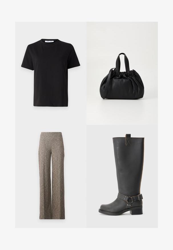 T-shirt noir à manches courtes en coton doux, avec un col rond, une coupe décontractée et une texture lisse. Pas de motifs ni de graphiques visibles.; Pantalons à jambes larges en tissu brun texturé avec un subtil motif en chevrons. Taille élastique pour le confort, design à jambes droites.; Bottes noires en cuir, montantes jusqu'au genou, avec une finition texturée, présentant une boucle sur le côté et un talon bas. Couture détaillée le long des coutures.; Sac à main en cuir noir avec un design à haut froncé, doté de deux poignées courtes et d'une bandoulière longue et réglable. Texture lisse, forme arrondie.