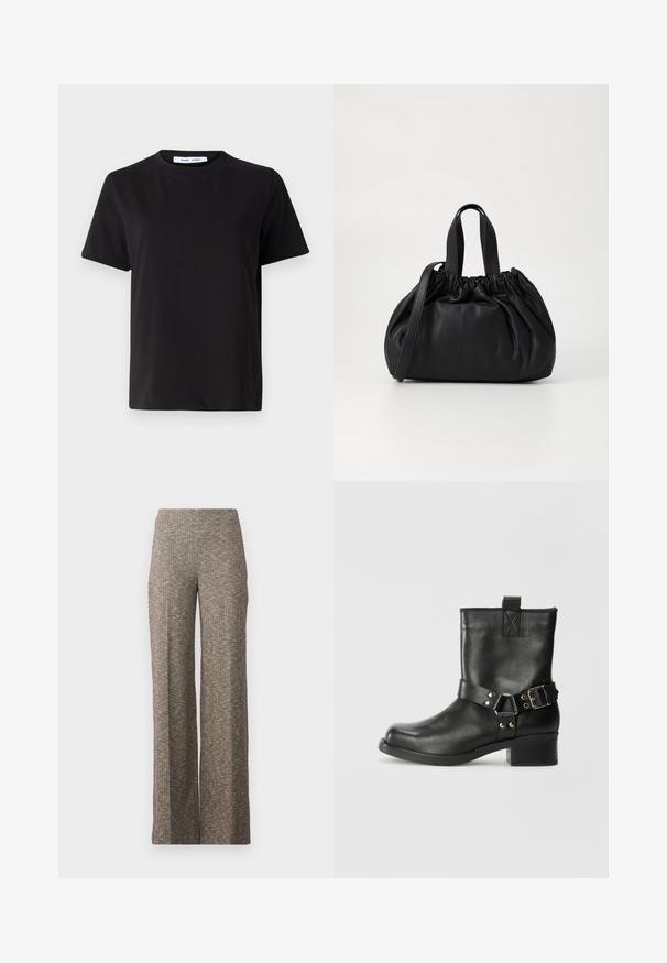 Camiseta negra de manga corta hecha de algodón suave, con un cuello redondo, corte relajado y una textura lisa. Sin patrones ni gráficos visibles.; Pantalones de pierna ancha en un tejido marrón texturizado con un sutil patrón de espiga. Cintura elástica para mayor comodidad, diseño de pierna recta.; Samsøe Samsøe SABRENTA - Botines camperos - black; Bolso de mano de cuero negro con un diseño de parte superior fruncida, que cuenta con dos asas cortas y una correa larga ajustable. Textura suave, forma redondeada.