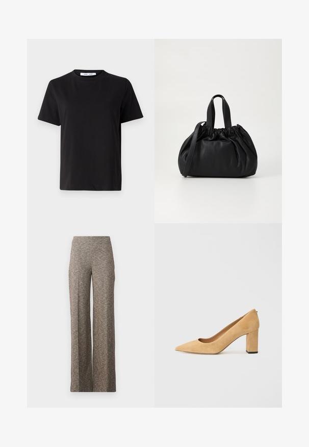 Černé tričko s krátkým rukávem vyrobené z měkké bavlny, s kulatým výstřihem, volným střihem a hladkým povrchem. Žádné viditelné vzory ani grafika.; Kalhoty s širokými nohavicemi z texturované hnědé tkaniny s jemným vzorem kohoutí stopy. Elastický pas pro pohodlí, rovný střih nohavic.; Beige semišové lodičky na vysokém podpatku s špičatou špičkou a silným blokovým podpatkem. Materiál má jemnou texturu a hladký povrch.; Černá kožená kabelka s designem staženého vršku, která má dvě krátké ucha a dlouhý nastavitelný popruh. Hladký povrch, zaoblený tvar.