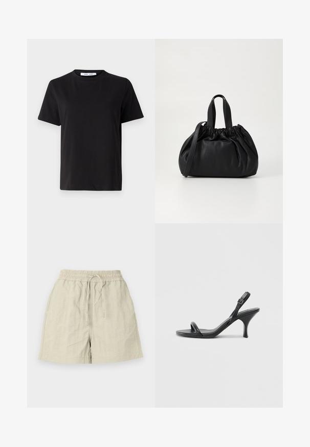 Svart kortermet t-skjorte laget av myk bomull, med rund hals, avslappet passform og en jevn tekstur. Ingen synlige mønstre eller grafikk.; Lys beige shorts laget av teksturert stoff med elastisk midje og snøring, med sidelommer og en avslappet passform.; Sorte skinnhøye hæler med en slank, buet hæl og et kryssrem-design. Justerbar ankelrem. Glatt tekstur.; Svart lærveske med en samlet toppdesign, som har to korte håndtak og en lang justerbar stropp. Glatt tekstur, rund form.
