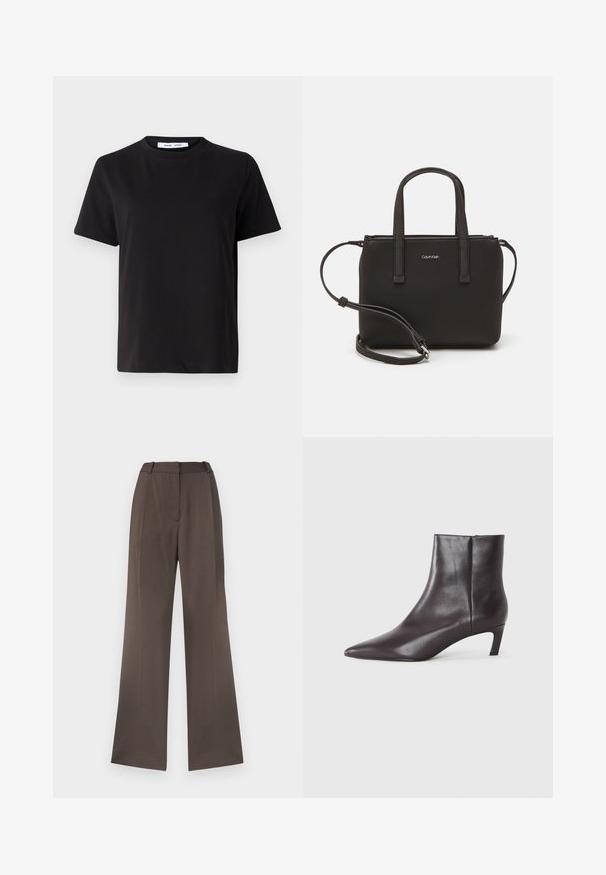 Črna majica s kratkimi rokavi iz mehkega bombaža, ki ima okroglo izrezovanje, udoben kroj in gladko teksturo. Brez vidnih vzorcev ali grafike.; Hlače širokih nogavIC v enotni rjavi tkanini, s gladko teksturo, zanke za pas, sprednjim pregibom in brez vidnih žepov.; Črne usnjene gležnjarje s koničastim nosom in nizko mačjo peto, z gladkim površjem, stranskim zadrgo, prikazane na nevtralni podlagi.; Črna torbica z dvema kratkima ročajema in odstranljivim naramnim trakom. Gladek usnju podoben material z zadrgo in podrobnostmi z logotipom.