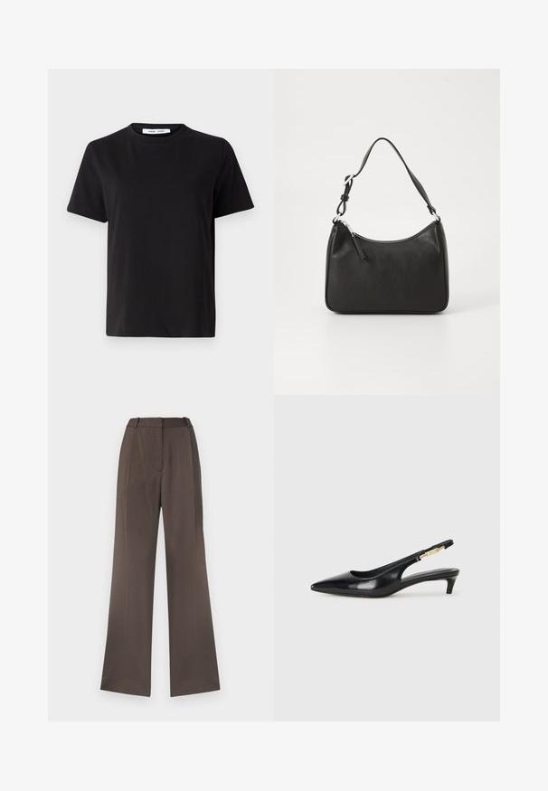 Black short-sleeve t-shirt made of soft cotton, featuring a round neckline, relaxed fit, and a smooth texture. No visible patterns or graphics.; Wide-leg trousers in a solid brown fabric, featuring a smooth texture, belt loops, front crease, and no visible pockets.; Black leather slingback heels with a pointed toe, featuring a slim heel and a gold-tone accent on the adjustable strap. Smooth texture.; Black leather handbag with a curved shape, a single strap, zip closure, and subtle branding on the front. Smooth texture, minimalist design.