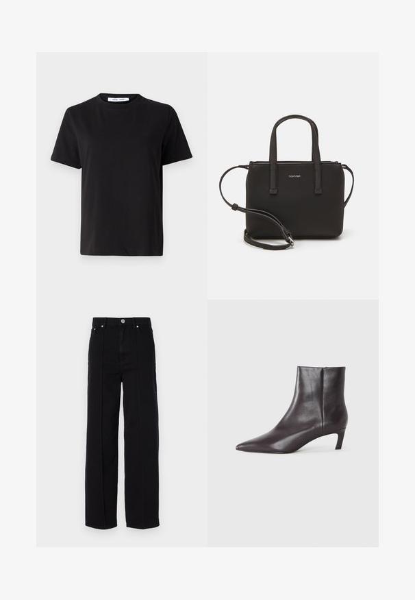 Must have lühikeste varrukatega t-särk, mis on valmistatud pehmest puuvillast, ümmarguse kaelusega, lõdva sobivusega ja sileda tekstuuriga. Ei ole nähtavaid mustreid ega graafikat.; Mustadest denimist laiad püksid kõrge taljega, viie taskuga, metallnööbiga sulgemine ja sirged õmblused külgedel.; Must musta kaljam boots, terava varvas ja madal kitten kont, sile pind, külg-edasi tõmbetõmbe, esitatud neutraalses taustas.; Musthave mustrans vöö ja eemaldatav õlarihm. Gludike nahk siledaga, millel on tõmblukk ja logo detail.