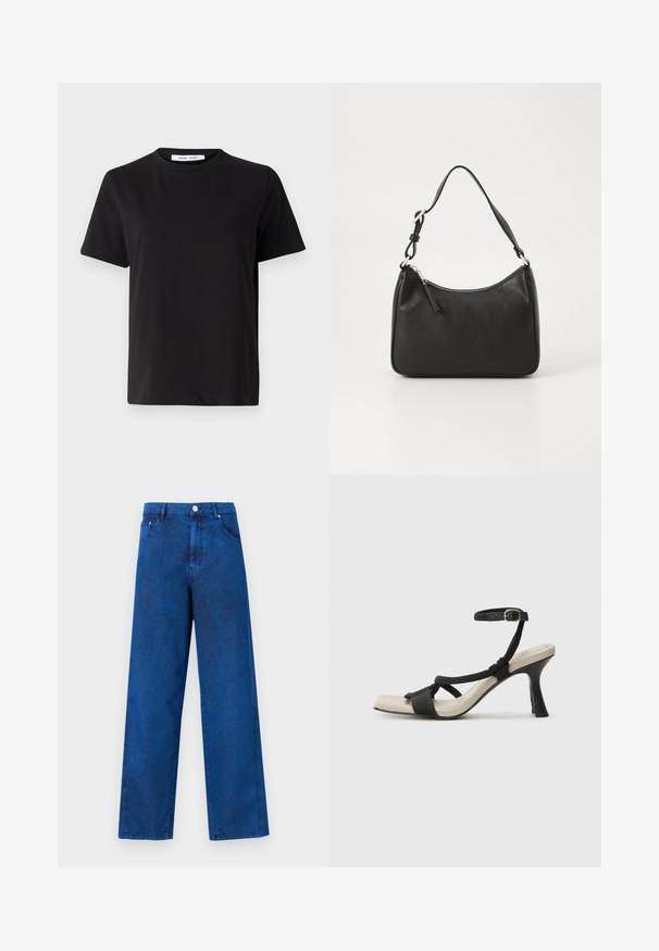 T-shirt preto de manga curta feito de algodão suave, com decote redondo, ajuste descontraído e uma textura suave. Sem padrões ou gráficos visíveis.; Calças largas de ganga azuis com cintura alta, apresentando detalhes de costura, bolsos frontais e fecho com botão de metal.; Sandal com salto alto preto e design de tiras trançadas, bico quadrado e tira de tornozelo ajustável. Sola em tom bege claro com um salto preto brilhante.; Mala de mão em couro preto com formato curvo, uma alça, fecho em zip e uma marcação discreta na frente. Textura suave, design minimalista.