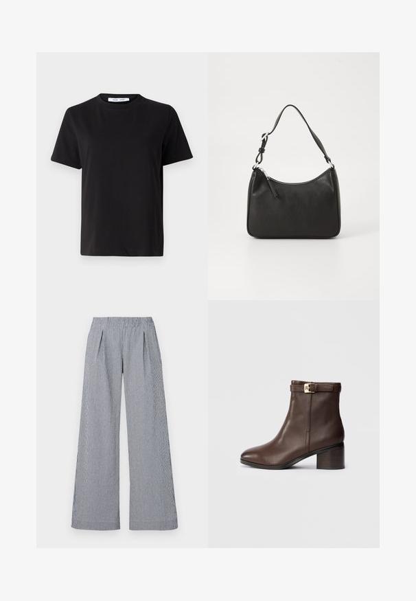 Schwarzes T-Shirt mit kurzen Ärmeln aus weicher Baumwolle, mit rundem Ausschnitt, lockerer Passform und glatter Textur. Keine sichtbaren Muster oder Grafiken.; Weite Hosen aus navy- und weiß gestreiftem Stoff. Mit einem elastischen Taillenbund und zwei vorderen Falten für zusätzliche Details.; Braun Leder Stiefelette mit runder Zehenpartie, niedrigem Blockabsatz und einem dekorativen Schnallenriemen am Knöchel. Glatte Textur und elegantes Design.; Schwarze Lederhandtasche mit geschwungener Form, einem einzigen Tragegurt, Reißverschlussverschluss und dezentem Branding auf der Vorderseite. Glatte Textur, minimalistisches Design.