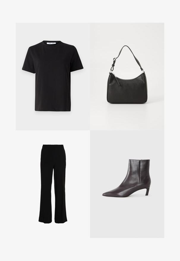 Zwart T-shirt met korte mouwen, gemaakt van zachte katoen, met een ronde hals, een ontspannen pasvorm en een gladde textuur. Geen zichtbare patronen of opdrukken.; Zwarte broek met een recht toegevoegde pijp, gemaakt van een gladde stof. Heeft een middelhoge tailleband en geen zichtbare zakken of versieringen.; Zwarte leren enkellaars met spitse neus en lage kitten heel, gladde afwerking, zijrits, getoond op een neutrale achtergrond.; Zwarte leren handtas met een gebogen vorm, een enkele schouderband, ritsluiting en subtiele branding aan de voorkant. Glad textuur, minimalistisch ontwerp.