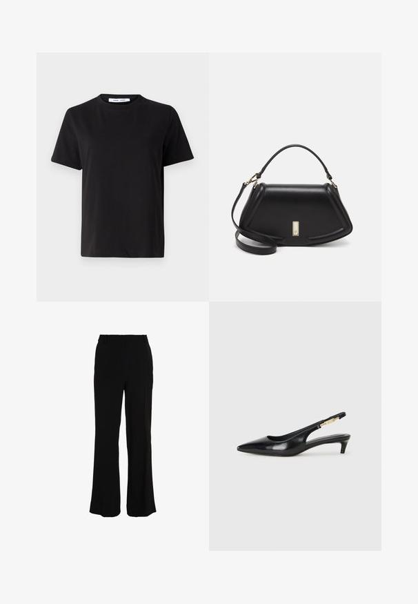 Black short-sleeve t-shirt made of soft cotton, featuring a round neckline, relaxed fit, and a smooth texture. No visible patterns or graphics.; Black trousers with a straight leg design, made from a smooth fabric. Features a mid-rise waistband and no visible pockets or embellishments.; Black leather slingback heels with a pointed toe, featuring a slim heel and a gold-tone accent on the adjustable strap. Smooth texture.; Black leather handbag with a structured design, featuring a cropped shape, top handle, and gold hardware accent. Adjustable shoulder strap included.