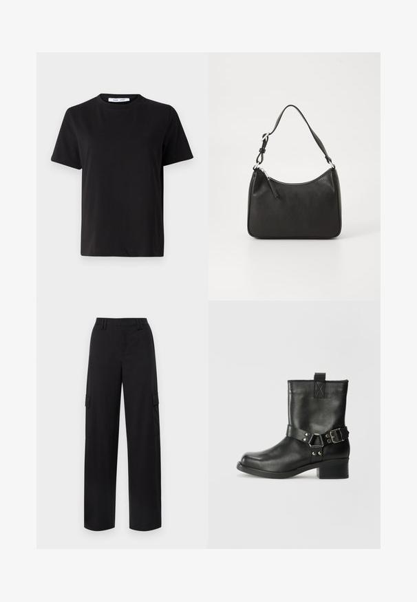 Svart kortermet t-skjorte laget av myk bomull, med rund hals, avslappet passform og en jevn tekstur. Ingen synlige mønstre eller grafikk.; Svarte cargo-bukser med vid ben-design, som har to sidelommer, beltehemper og en jevn tekstur.; Samsøe Samsøe SABRENTA - Cowboystøvletter - black; Svart lærveske med en buet form, en enkelt stropp, glidelåslukking og subtil merkevarebygging på forsiden. Glatt tekstur, minimalistisk design.
