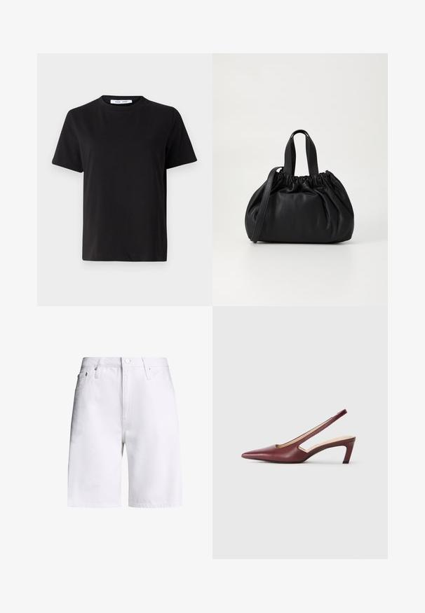 Svart kortermet t-skjorte laget av myk bomull, med rund hals, avslappet passform og en jevn tekstur. Ingen synlige mønstre eller grafikk.; Calvin Klein Jeans 90S STRAIGHT - Jeansshorts - denim light; Burgunder slingback hæle med spids tå, udskårne detaljer på siden og en midt-højde blokhæle. Glat læderfinish.; Svart lærveske med en samlet toppdesign, som har to korte håndtak og en lang justerbar stropp. Glatt tekstur, rund form.