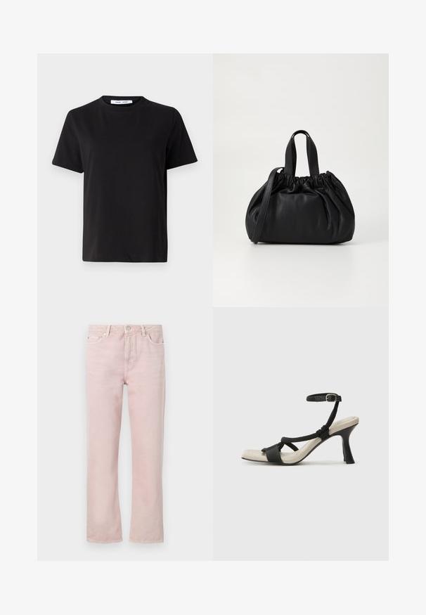 Fekete, rövid ujjú póló, puha pamutból készült, kerek nyakkivágással, laza szabással és sima textúrával. Nincs látható minta vagy grafikák.; Világos rózsaszín farmernadrág egyenes szabással, öt zsebbel és cipzáras átellenessel. Jellemzője a varrás részletek és az ezüst színű fémrészek.; Fekete sarkú szandál fonott pánttal, négyzet alakú orral és állítható bokapánttal. Világos bézs talpbetét fényes fekete sarkával.; Fekete bőr kézitáska, összegyűrt felső dizájnnal, két rövid fülekkel és egy hosszú, állítható pánttal. Simább textúra, lekerekített forma.
