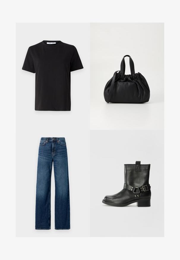 T-shirt preto de manga curta feito de algodão suave, com decote redondo, ajuste descontraído e uma textura suave. Sem padrões ou gráficos visíveis.; Jeans de ganga escura de perna larga com cintura alta, cinco bolsos, textura desbotada e detalhes de costura em contraste ao longo das costuras.; Samsøe Samsøe SABRENTA - Bota de tornozelo estilo cowboy/motociclista - black; Bolsa de couro preta com um design de topo franzido, apresentando duas alças curtas e uma alça longa ajustável. Textura suave, formato arredondado.