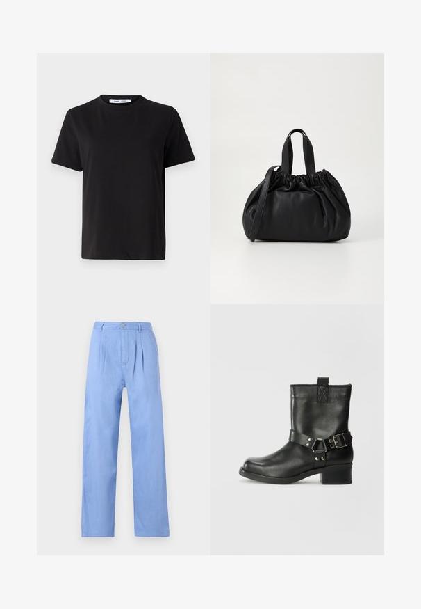 Black short-sleeve t-shirt made of soft cotton, featuring a round neckline, relaxed fit, and a smooth texture. No visible patterns or graphics.; Light blue linen trousers with a pleated front, high waist, and a straight-leg design. Features a button closure at the waistband.; Samsøe Samsøe SABRENTA - Cowboy/biker ankle boot - black; Black leather handbag with a gathered top design, featuring two short handles and a long adjustable strap. Smooth texture, rounded shape.