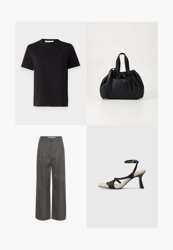 T-shirt preto de manga curta feito de algodão suave, com decote redondo, ajuste descontraído e uma textura suave. Sem padrões ou gráficos visíveis.; Calças largas cinzas feitas de tecido texturizado, com cintura alta e pregas frontais, sem bolsos visíveis ou detalhes de metal.; Sandal com salto alto preto e design de tiras trançadas, bico quadrado e tira de tornozelo ajustável. Sola em tom bege claro com um salto preto brilhante.; Bolsa de couro preta com um design de topo franzido, apresentando duas alças curtas e uma alça longa ajustável. Textura suave, formato arredondado.