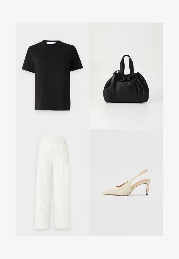Black short-sleeve t-shirt made of soft cotton, featuring a round neckline, relaxed fit, and a smooth texture. No visible patterns or graphics.; White, pleated wide-leg pants with an elastic waistband. Made of lightweight fabric, featuring vertical stripes and a fluid fit.; Beige leather slingback heels with a pointed toe, open side design, and a slim high heel. Features a gold accent on the strap.; Black leather handbag with a gathered top design, featuring two short handles and a long adjustable strap. Smooth texture, rounded shape.