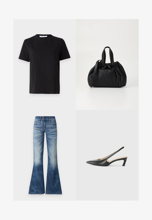 Black short-sleeve t-shirt made of soft cotton, featuring a round neckline, relaxed fit, and a smooth texture. No visible patterns or graphics.; Flared blue denim jeans with a light to dark gradient, two front pockets, and a button closure. Features minimal stitching and a smooth texture.; Black pointy-toed slingback shoe with a low heel, featuring smooth leather material and cut-out design on the side for breathability.; Black leather handbag with a gathered top design, featuring two short handles and a long adjustable strap. Smooth texture, rounded shape.