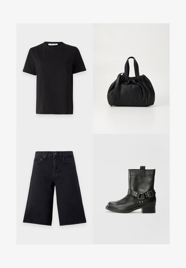 Zwart T-shirt met korte mouwen, gemaakt van zachte katoen, met een ronde hals, een ontspannen pasvorm en een gladde textuur. Geen zichtbare patronen of opdrukken.; Zwarte denim culottes met een hoge taille, twee voorzakken en een rechte, brede pijpdesign. Duurzaam materiaal met minimale stikdetails.; Samsøe Samsøe SABRENTA - Cowboy-/Bikerlaarsjes - black; Zwarte leren handtas met een geplooid ontwerp aan de bovenkant, voorzien van twee korte handvatten en een lange verstelbare schouderband. Gladde textuur, ronde vorm.