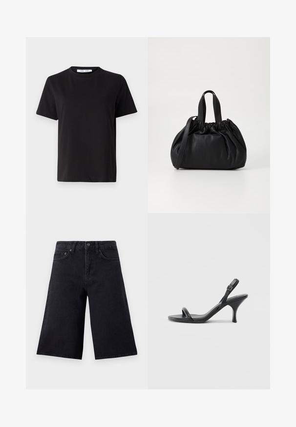 Black short-sleeve t-shirt made of soft cotton, featuring a round neckline, relaxed fit, and a smooth texture. No visible patterns or graphics.; Black denim culottes with a high waist, two front pockets, and a straight, wide leg design. Durable fabric with minimal stitching details.; Black leather high-heeled sandals with a slim, curved heel and a crossed strap design. Adjustable ankle strap. Smooth texture.; Black leather handbag with a gathered top design, featuring two short handles and a long adjustable strap. Smooth texture, rounded shape.
