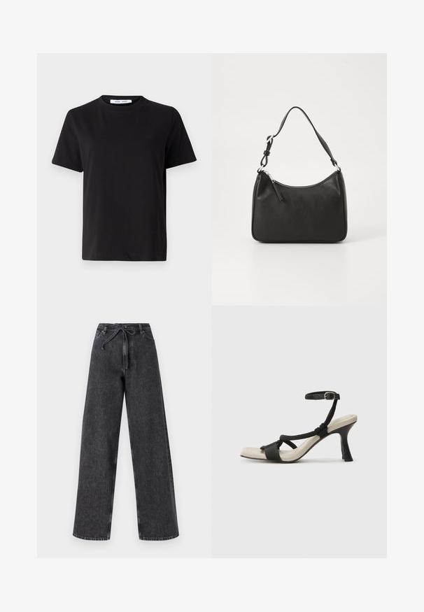 Czarny t-shirt z krótkim rękawem wykonany z miękkiej bawełny, z okrągłym dekoltem, luźnym krojem i gładką fakturą. Bez widocznych wzorów ani grafik.; Czarne dżinsy z wysokim stanem i szerokimi nogawkami, z zapięciem na sznurek. Charakteryzują się wyblakłym kolorem i subtelnymi detalami szycia.; Czarne sandały na obcasie z plecionym paskiem, kwadratowym noskiem i regulowanym paskiem na kostkę. Jasnobeżowa wkładka z błyszczącym czarnym obcasem.; Czarna skórzana torebka o zaokrąglonym kształcie, z pojedynczym uchwytem, zamknięciem na zamek błyskawiczny oraz subtelnym logo z przodu. Gładka faktura, minimalistyczny design.