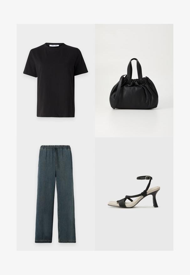 Čierne tričko s krátkym rukávom vyrobené z mäkkej bavlny, s okrúhlym výstrihom, uvoľneným strihom a hladkou štruktúrou. Žiadne viditeľné vzory ani grafika.; Tmavomodré džínsové nohavice s elastickým pásom a šnúrkou na stiahnutie. Široký strih s obšitými okrajmi a hladkým, textúrovaným povrchom.; Čierne sandále na podpätku s pleteným pásikom, štvorcovou špičkou a nastaviteľným remienkom okolo členka. Svetlobéžová stielka s lesklým čiernym podpätkom.; Čierna kožená kabelka so zberaným vrchom, s dvoma krátkymi držadlami a dlhým nastaviteľným popruhom. Hladká textura, zaoblený tvar.