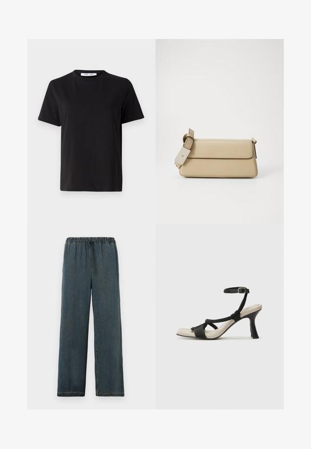 Melna īsām piedurknēm T-kreklu, kas izgatavots no mīksta kokvilnas, ar apļveida kakla izgriezumu, brīvu piegriezumu un gludu tekstūru. Nav redzamu rakstu vai grafikas.; Tumši zili džinsu bikses ar elastīgu jostasvietu un auklu. Platas kājas dizains ar gatavām apakšmalām un gludu, teksturētu virsmu.; Melnas augstpapēžu sānijas ar pinuma siksnu dizainu, kvadrātveida purngali un regulējamu potītes siksnu. Gaismas beidzamais kāju paklājiņš ar spīdīgu melnu papēdi.; Beige sintētiskās ādas rokassomu ar atloka aizdari, regulējamu siksnu un minimālistisku dizainu. Iezīmējas ar smalku šuvumu un reljefa zīmolu.