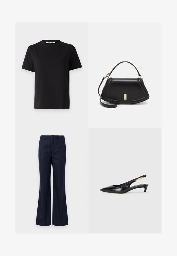 Black short-sleeve t-shirt made of soft cotton, featuring a round neckline, relaxed fit, and a smooth texture. No visible patterns or graphics.; Navy pinstriped trousers with a flared leg design, made from a textured fabric, featuring a flat front and belt loops for a fitted look.; Black leather slingback heels with a pointed toe, featuring a slim heel and a gold-tone accent on the adjustable strap. Smooth texture.; Black leather handbag with a structured design, featuring a cropped shape, top handle, and gold hardware accent. Adjustable shoulder strap included.