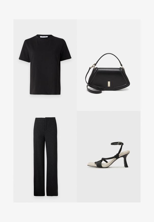 Melna īsām piedurknēm T-kreklu, kas izgatavots no mīksta kokvilnas, ar apļveida kakla izgriezumu, brīvu piegriezumu un gludu tekstūru. Nav redzamu rakstu vai grafikas.; Melni svītraini bikses ar taisnu griezumu, ar gludu tekstūru un jostu, piemērotas formālam vai biznesa apģērbam.; Melnas augstpapēžu sānijas ar pinuma siksnu dizainu, kvadrātveida purngali un regulējamu potītes siksnu. Gaismas beidzamais kāju paklājiņš ar spīdīgu melnu papēdi.; Melnas ādas roku soma ar struktūru, ar īsu formu, augšējo rokturi un zelta aksesuāriem. Iekļauta regulējama plecu siksna.