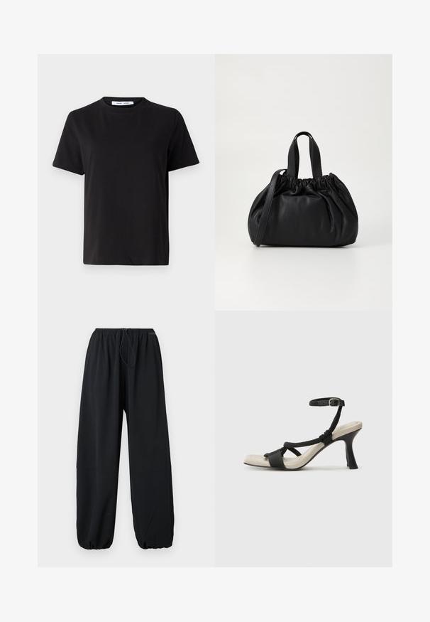 Must have lühikeste varrukatega t-särk, mis on valmistatud pehmest puuvillast, ümmarguse kaelusega, lõdva sobivusega ja sileda tekstuuriga. Ei ole nähtavaid mustreid ega graafikat.; Mustad laiad püksid, mis on valmistatud kerge materjali. Neil on elastne vöökoht, millel on kinnitusnöör, ning reguleeritavad mansetid allääres.; Mustad musta kontsaga sandaal, millel on punutud rihma disain, ruudukujuline varvas ja reguleeritav pahkluu rihm. Heleda beeži värvi jalapadi ja läikiv must konts.; Mustmust mustkott mustrihmaga ülaosa disainiga, millel on kaks lühikest käepidet ja pikk reguleeritav rihm. Sile tekstuur, ümar kuju.