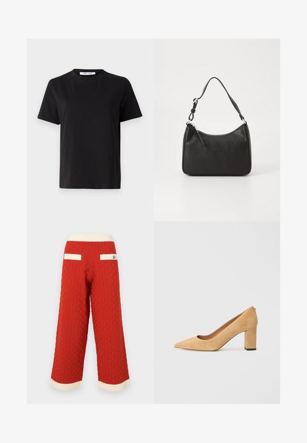Black short-sleeve t-shirt made of soft cotton, featuring a round neckline, relaxed fit, and a smooth texture. No visible patterns or graphics.; Red textured wide-leg pants with a grid pattern, featuring cream-colored ribbed waistband and pocket accents.; Beige suede high-heeled pump with a pointed toe and a chunky block heel. The material has a soft texture with a smooth finish.; Black leather handbag with a curved shape, a single strap, zip closure, and subtle branding on the front. Smooth texture, minimalist design.