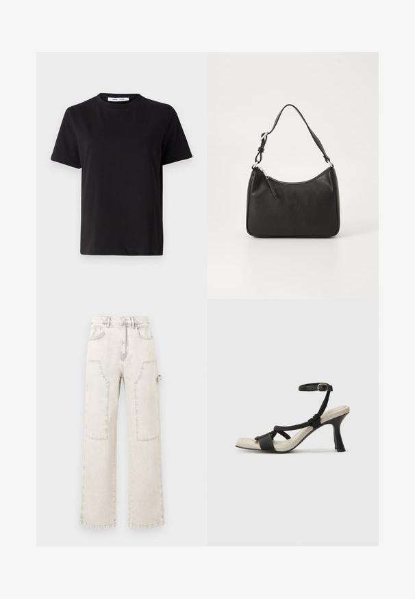 Camiseta negra de manga corta hecha de algodón suave, con un cuello redondo, corte relajado y una textura lisa. Sin patrones ni gráficos visibles.; Vaqueros de mezclilla de pierna ancha de color claro con grandes bolsillos parche, cintura alta, cierre de botones y detalles de dobladillo sin rematar.; Sanda¡ía de tacón negro con diseño de tira trenzada, punta cuadrada y correa ajustable en el tobillo. Plantilla de color beige claro con un tacón negro brillante.; Bolso de mano de cuero negro con forma curvada, una sola correa, cierre de cremallera y marcas sutiles en la parte frontal. Textura suave, diseño minimalista.