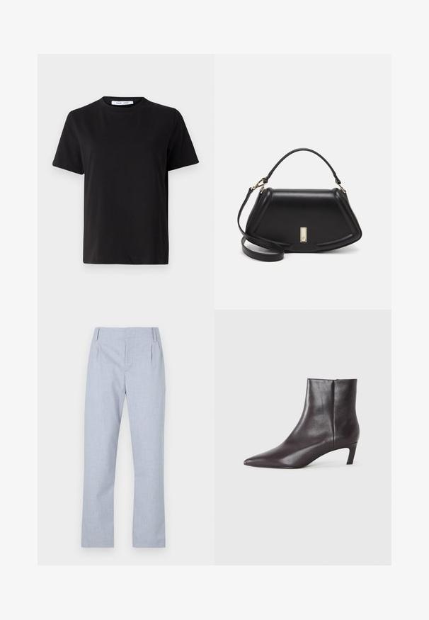 Schwarzes T-Shirt mit kurzen Ärmeln aus weicher Baumwolle, mit rundem Ausschnitt, lockerer Passform und glatter Textur. Keine sichtbaren Muster oder Grafiken.; Helleblaue, maßgeschneiderte Hose aus glattem Stoff mit geradem Bein Design und zwei vorderen Taschen. Mit subtilen Falten an der Taille.; Schwarze Leder-Ankle-Boots mit spitzem Zehenbereich und niedrigem Kitten-Absatz, glatte Oberfläche, seitlicher Reißverschluss, vor einem neutralen Hintergrund präsentiert.; Schwarze Lederhandtasche mit einem strukturierten Design, das eine verkürzte Form, einen oberen Griff und goldfarbene Hardware-Details aufweist. Verstellbarer Schulterriemen ist enthalten.