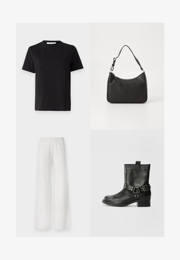 Must have lühikeste varrukatega t-särk, mis on valmistatud pehmest puuvillast, ümmarguse kaelusega, lõdva sobivusega ja sileda tekstuuriga. Ei ole nähtavaid mustreid ega graafikat.; Valged laiad püksid, mis on valmistatud pehmest kangast, millel on elastne vöökoht, sirge lõige ning ilma nähtavate mustrite või aksessuaarideta.; Samsøe Samsøe SABRENTA - Kauboi/mootorratturi poolsaapad - black; Must musta käekott, millel on kumer kuju, üks rihm, lukuga sulgemine ja peen brändimine esiküljel. Sile tekstuur, minimalistlik disain.