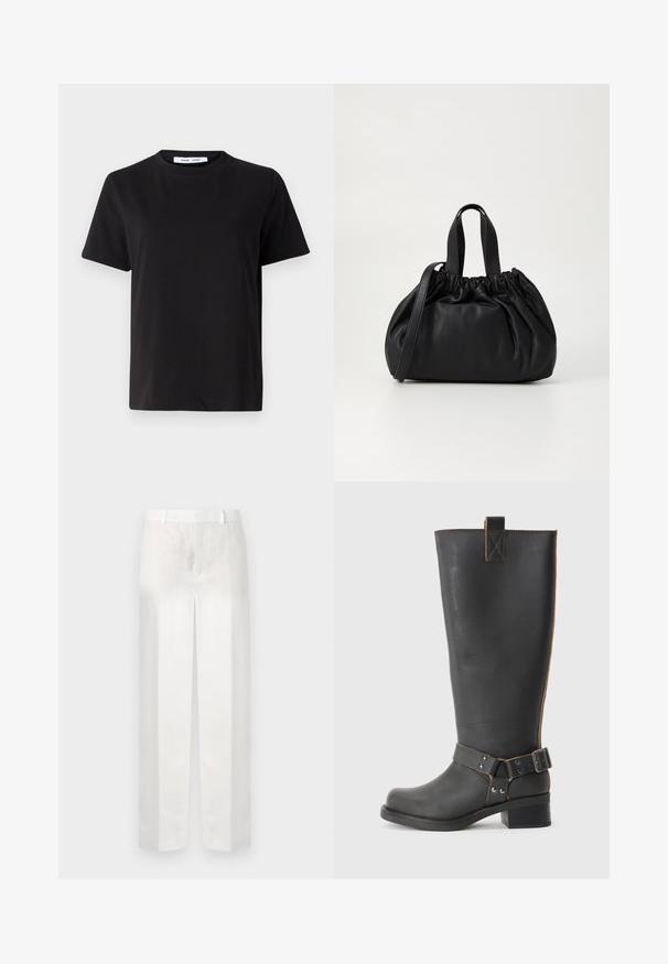 T-shirt noir à manches courtes en coton doux, avec un col rond, une coupe décontractée et une texture lisse. Pas de motifs ni de graphiques visibles.; Pantalons en lin blancs à coupe droite, avec un devant plat, des passants de ceinture et sans poches visibles, présentant une texture lisse et légère.; Bottes noires en cuir, montantes jusqu'au genou, avec une finition texturée, présentant une boucle sur le côté et un talon bas. Couture détaillée le long des coutures.; Sac à main en cuir noir avec un design à haut froncé, doté de deux poignées courtes et d'une bandoulière longue et réglable. Texture lisse, forme arrondie.