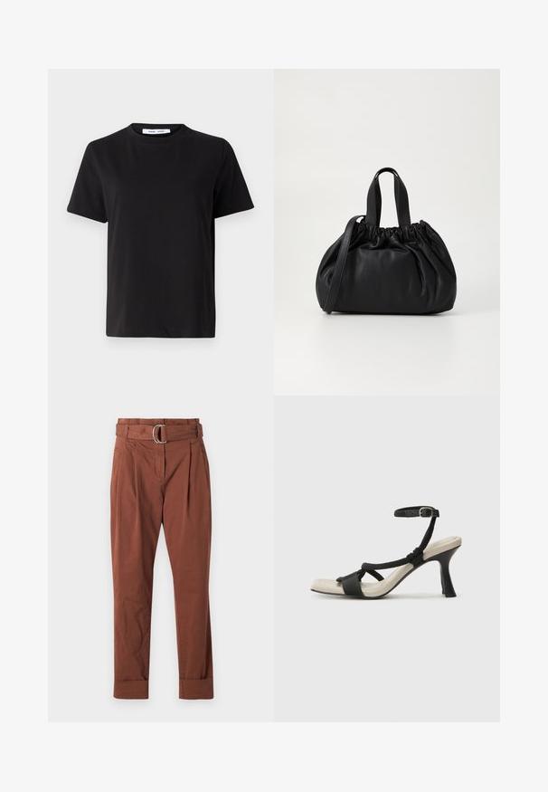 Crna kratka majica s kratkim rukavima od mekanog pamuka, s okruglim izrezom, opuštenim krojem i glatkom teksturom. Nema vidljivih uzoraka ili grafike.; Smeđe pamučne hlače s remenom, koji ima metalnu kopču, naglašenim plisama na prednjem dijelu i preokrenutim rubovima. Glatka tekstura i ravne nogavice.; Crne sandale na visokom potpetici s dizajnom pletenih trakica, kvadratnim vrhom i podešivom trakicom oko gležnja. Svijetlosmeđi ulošci s sjajnim crnim potpeticama.; Crna kožna torba s nabranim dizajnom na vrhu, s dva kratka ručka i dugim podesivim remenom. Glatka tekstura, zaobljen oblik.
