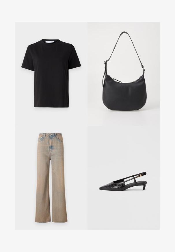 Juodas trumpas rankovės marškinėliai, pagaminti iš minkštos medvilnės, su apvaliu iškirpimu, laisvu pritaikymu ir lygiu paviršiumi. Nėra matomų raštų ar grafikos.; Šviesiai plovimo plačios kojų džinsai su aukštu liemeniu, pagaminti iš denimo. Yra subtilių siūlių ir penkių kišenių, su šiek tiek nusidėvėjusia tekstūra.; Juodas odinis smailėjantis slingback tipo batelis su krokodilo tekstūra, mažas supintas kulnas ir reguliuojama dirželis su metaline sagtimi.; Juodos odinės petinės rankinės, turinčios kreivą formą, su užtrauktuko uždarymu ir reguliuojama juosta. Priekyje yra įspaudžiama prekės ženklo etiketė.