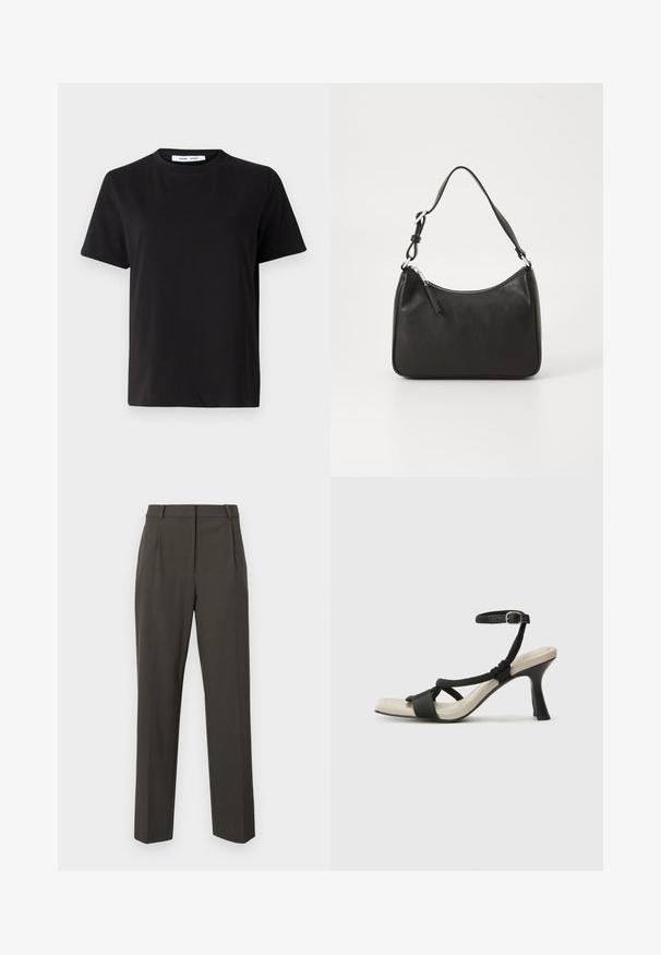 Fekete, rövid ujjú póló, puha pamutból készült, kerek nyakkivágással, laza szabással és sima textúrával. Nincs látható minta vagy grafikák.; Sötétszürke nadrág sima anyagból, szabott kivitelben, egyenes lábszárral és minimális elöl hajtott ráncokkal.; Fekete sarkú szandál fonott pánttal, négyzet alakú orral és állítható bokapánttal. Világos bézs talpbetét fényes fekete sarkával.; Fekete bőrtáska ívelt formával, egyetlen pánttal, cipzáras záródással és diszkrét logóval az elején. Simább textúra, minimalista dizájn.