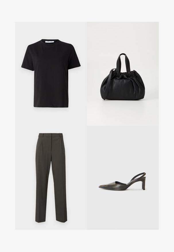 Tricou negru cu manșon scurt, fabricat din bumbac moale, având un guler rotund, o croială lejeră și o textură netedă. Fără modele sau grafice vizibile.; Pantaloni gri închis dintr-un material neted, cu un design pe măsură, formă dreaptă a piciorului și pliseuri frontale minimaliste.; Pantofii cu toc slingback cu vârful ascuțit, din piele maro închis cu o textură netedă, prezentând o curea îngustă și un toc stiletto de înălțime medie.; Geantă de mână din piele neagră cu un design cu partea superioară plisată, având două mânere scurte și o curea lungă ajustabilă. Textură netedă, formă rotunjită.