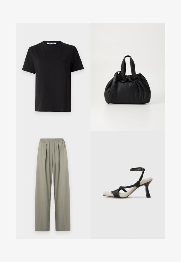 Μαύρη κοντομάνικη μπλούζα φτιαγμένη από μαλακό βαμβάκι, με στρογγυλή λαιμόκοψη, άνετη εφαρμογή και απαλό υλικό. Χωρίς ορατά σχέδια ή γραφικά.; Υψηλή μέση, ανοιχτό γκρι παντελόνι με φαρδιά πόδια, με ελαστική μέση και πιέτες μπροστά.; Μαύρη σανδάλι με τακούνι και σχεδίαση πλεγμένης λουρίδας, τετράγωνη μύτη και ρυθμιζόμενη λουρίδα στον αστράγαλο. Ανοικτό μπεζ πέλμα με γυαλιστερό μαύρο τακούνι.; Μαύρη δερμάτινη τσάντα χειρός με σχεδίαση μαζεμένου κορυφής, διαθέτει δύο κοντές λαβές και μία μακριά ρυθμιζόμενη αλυσίδα. Λείος υφή, στρογγυλή μορφή.